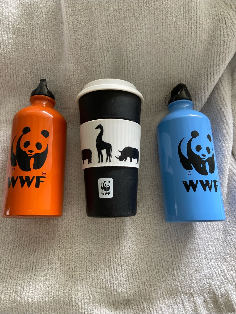 WWF Reusable Travel Cup & Water Bottles - Orange, Black, Blue